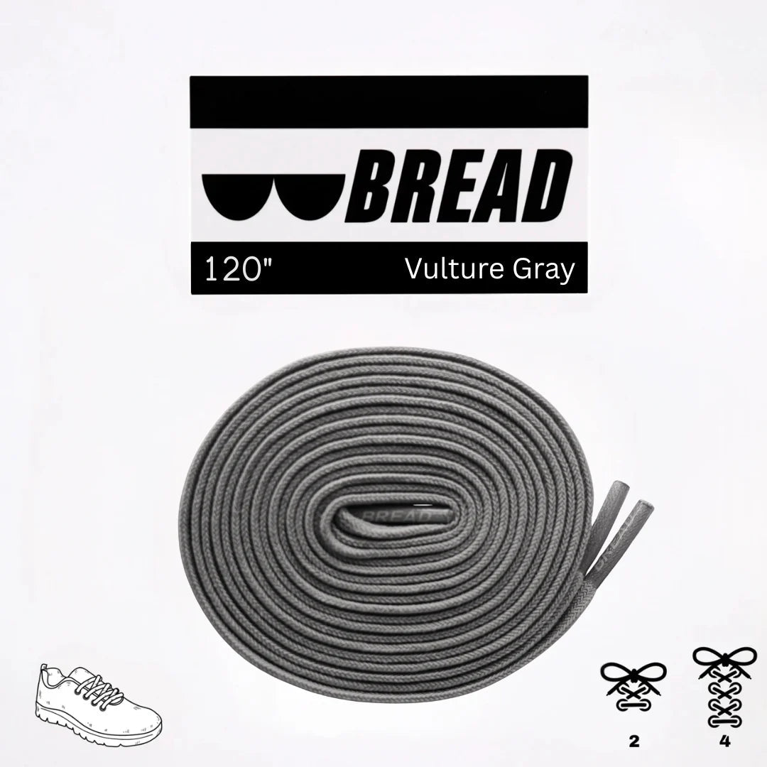 Gray shoelaces with 'BREAD' branding on a white background