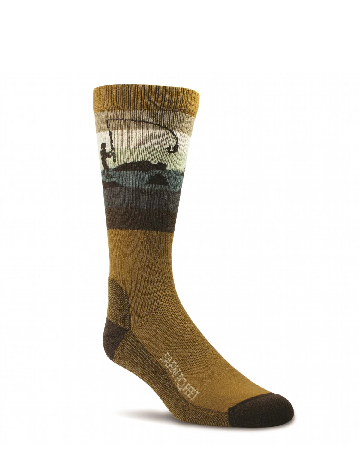 Brown sock with a fishing design on a white background