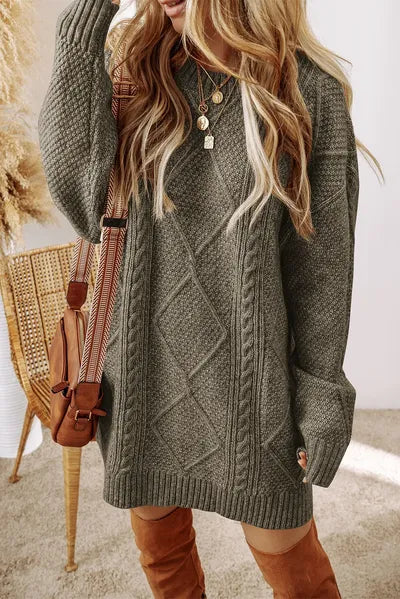 Cable-Knit Round Neck Sweater Dress Sage / XL Cable-Knit Round Neck Sweater Dress Sage / XL