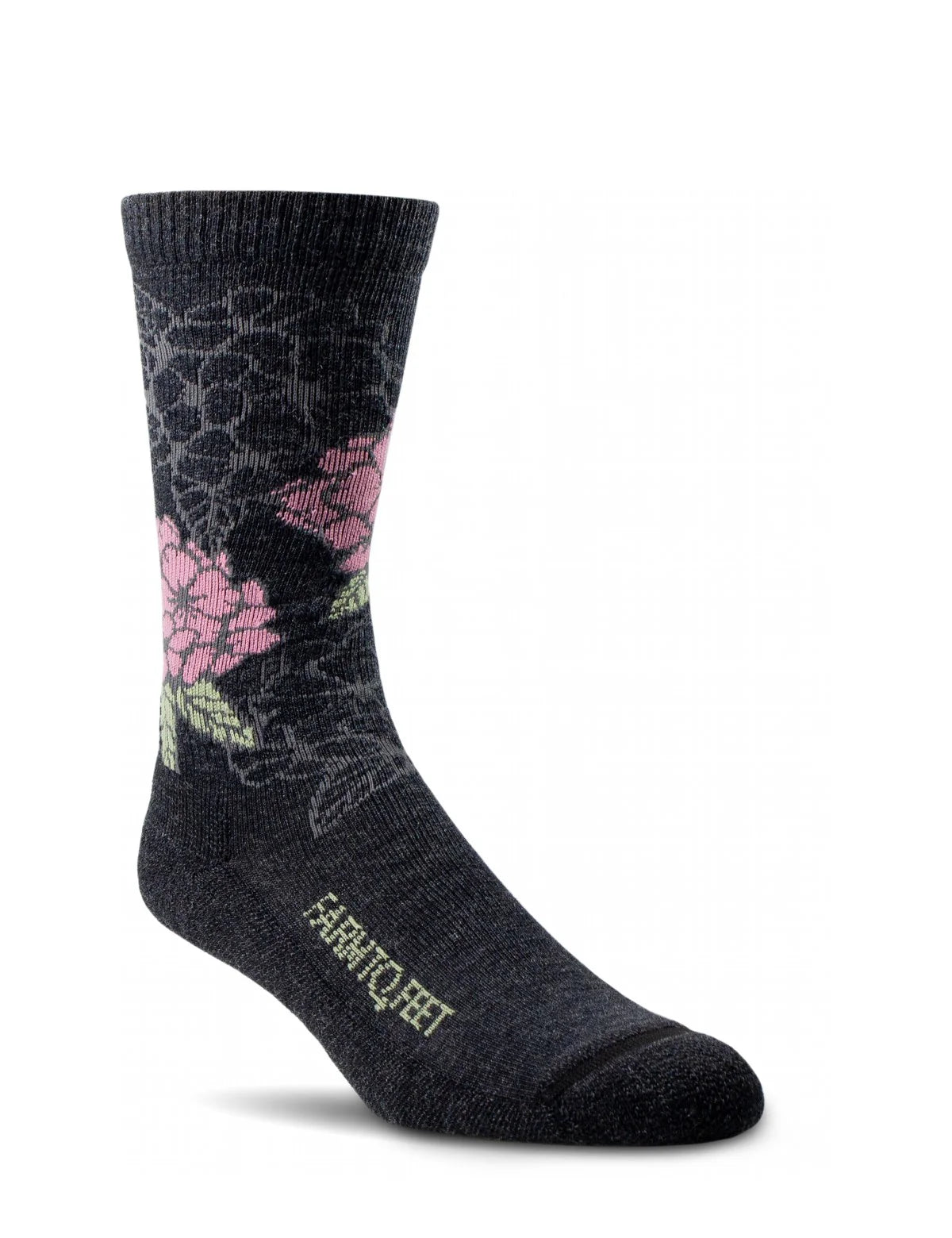 Dark gray sock with pink floral pattern on a white background