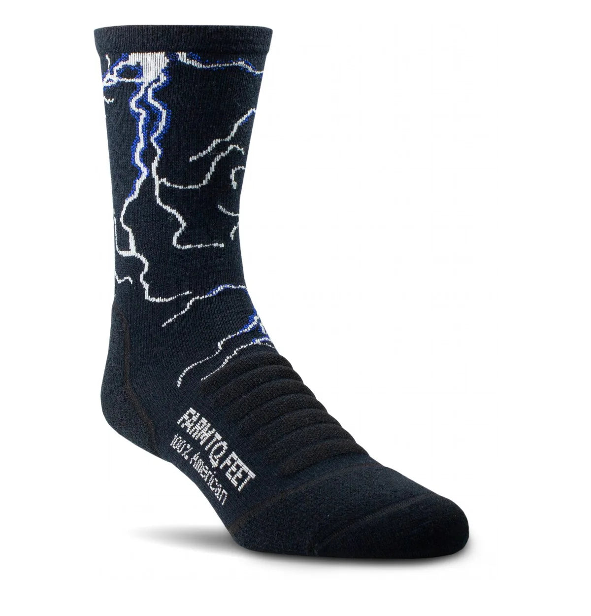 Black sock with white lightning bolt pattern on a white background