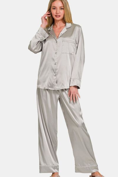 Women's Grey Satin Long Sleeve Shirt and Pants Pajama Set