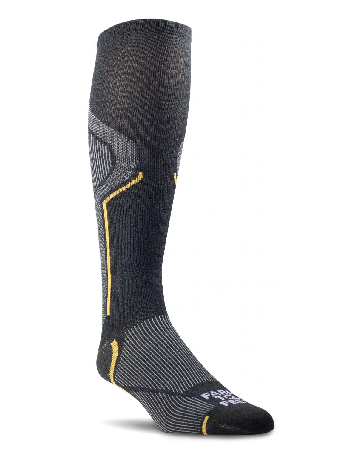 Black knee-high sock with gray and yellow accents on a white background