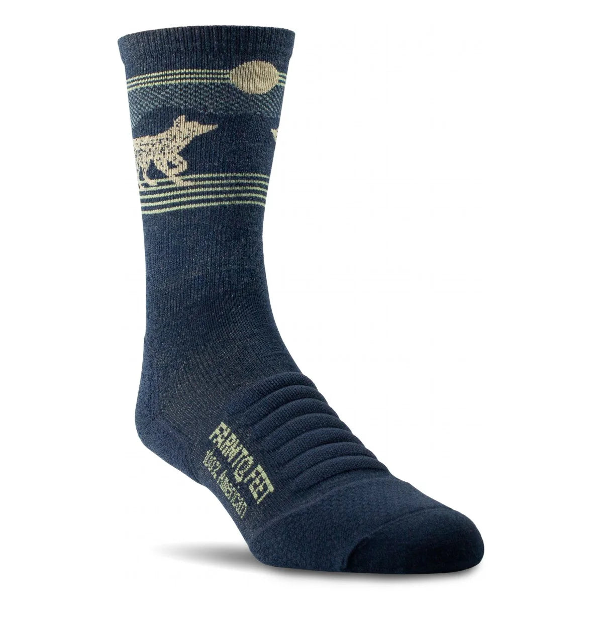 Navy sock with beige design and text on a white background