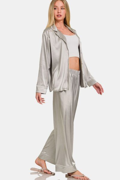 Women's Grey Satin Long Sleeve Shirt and Pants Pajama Set