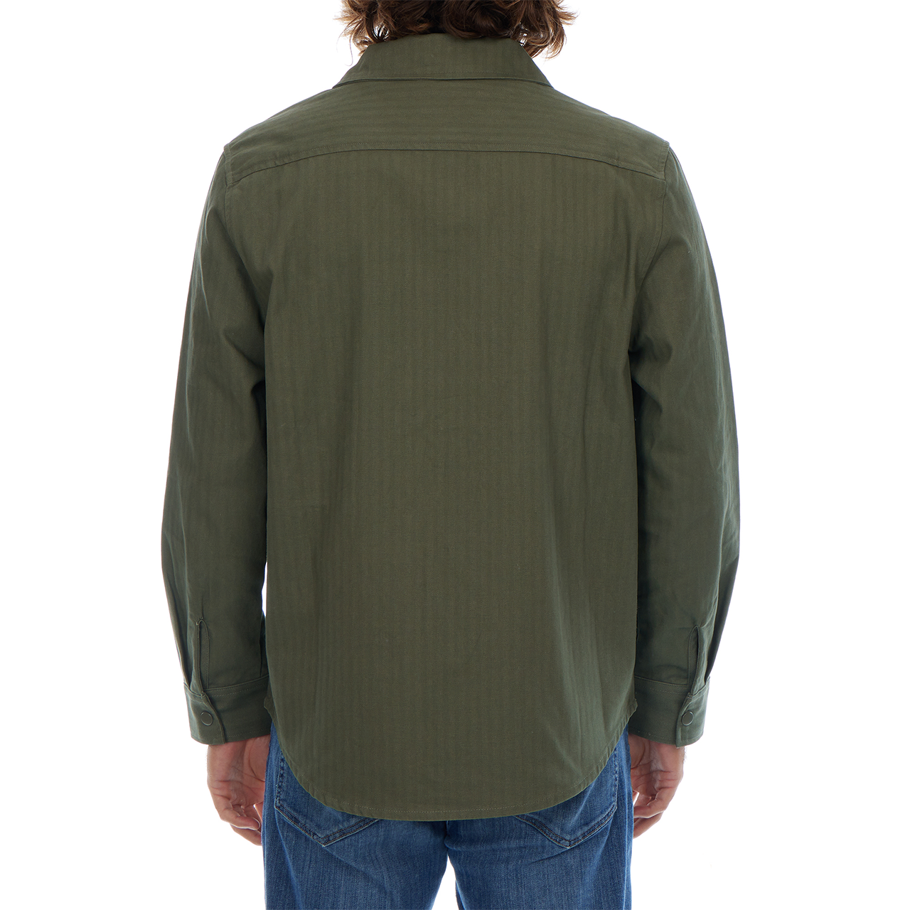 Green jacket worn by a person on a white background