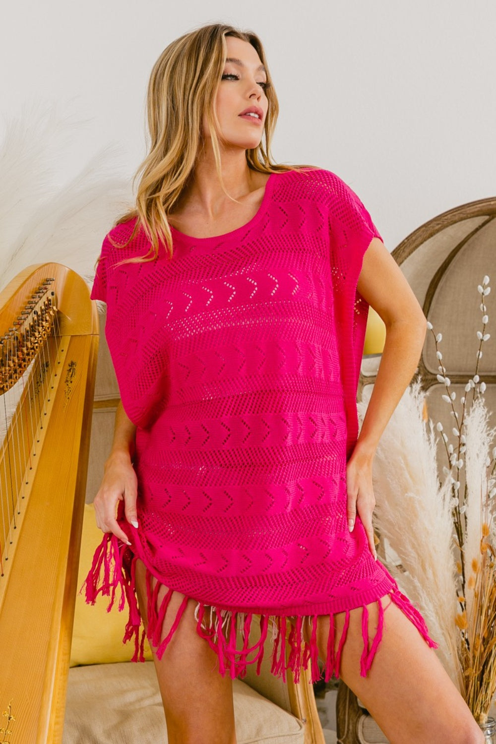 Fringed Hem Knit Top Fuchsia Beach Dress