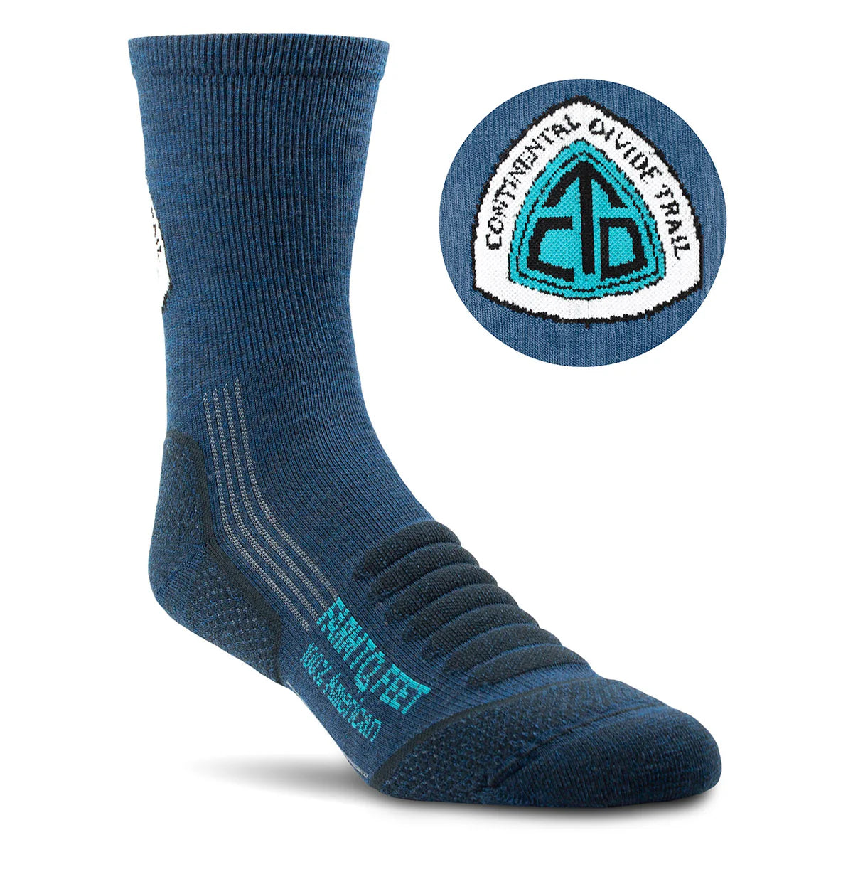 Blue sock with a close-up of a logo on a white background