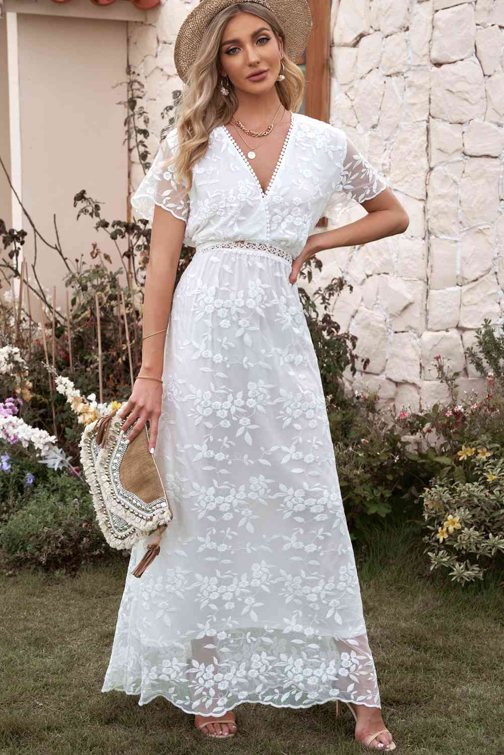 Wholesale MOQ6 Embroidered Short Sleeve Surplice Neck Maxi Dress Wholesale MOQ6 Embroidered Short Sleeve Surplice Neck Maxi Dress