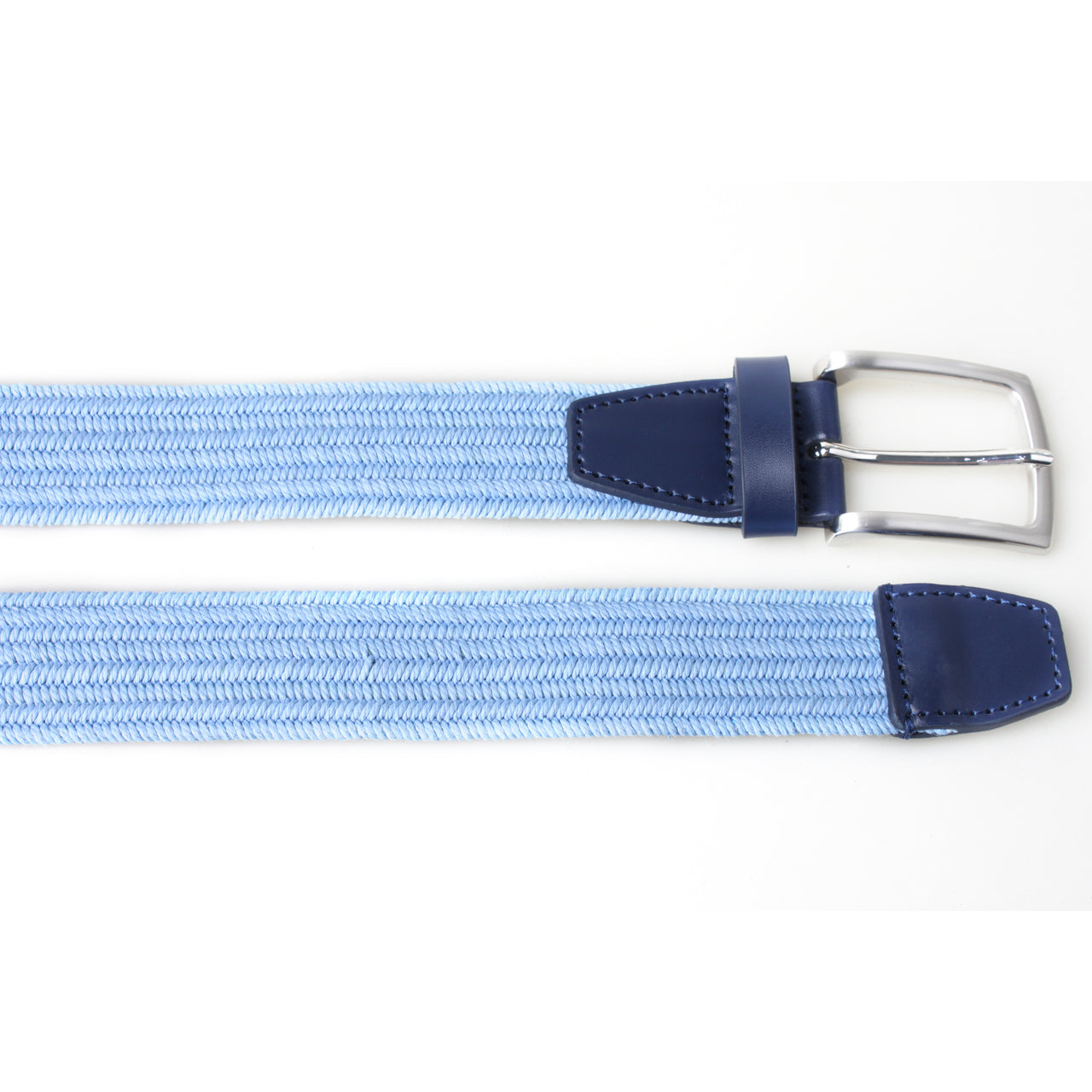 A light blue woven elastic belt with dark navy blue leather ends and a silver metal buckle, shown against a plain white background.