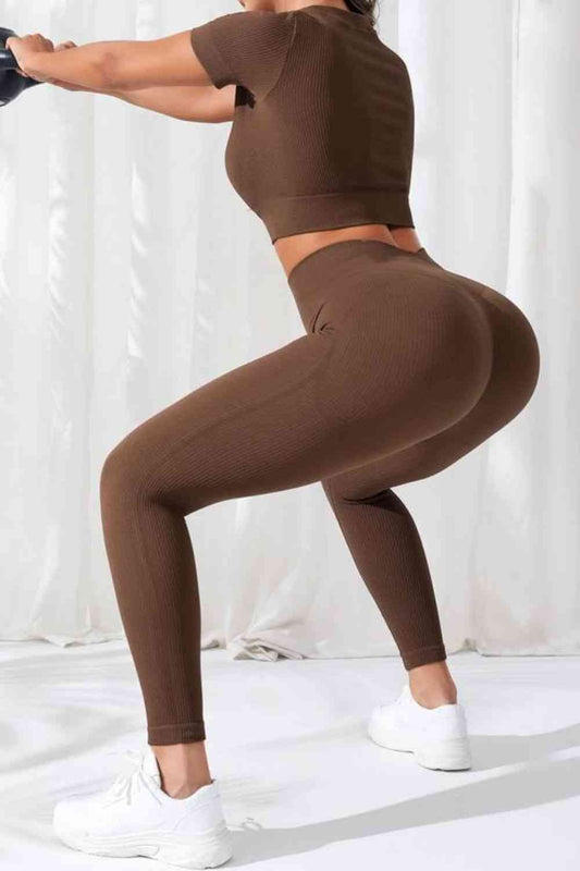 Women's Chocolate Colored V-Neck Crop Top and High Waist Yoga Pants