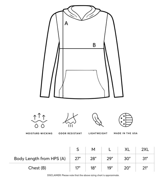 Line drawing of a hooded jacket with a size chart and feature icons on a white background.
