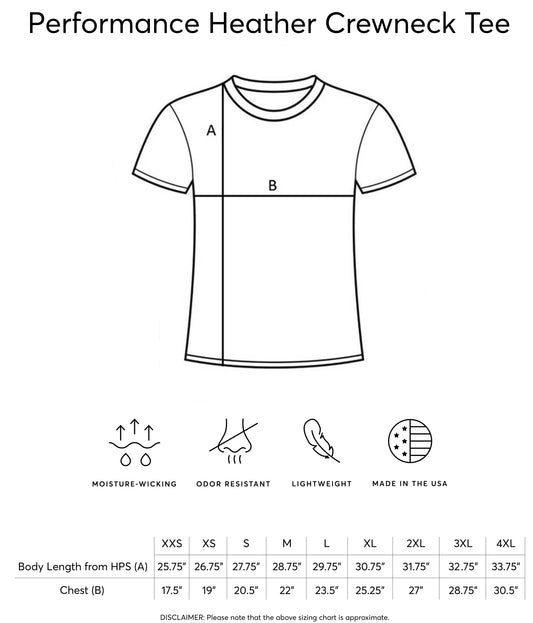 Men's High Performance Heather T-Shirt size chart