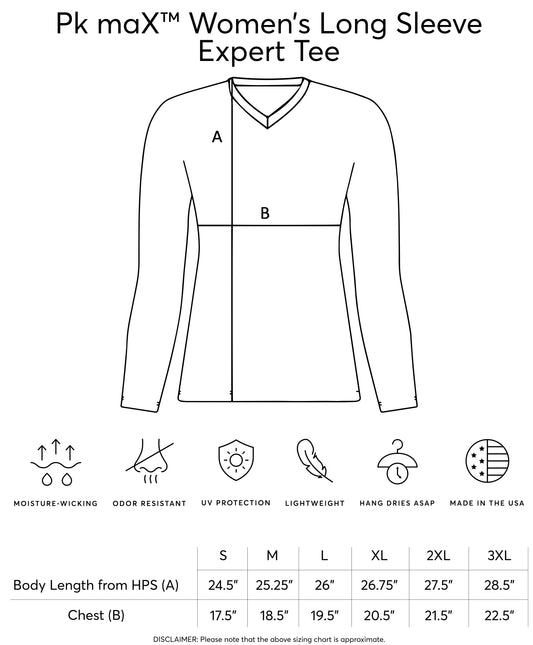 Line drawing of a women's long sleeve expert tee with measurement chart and icons below.