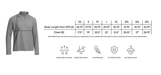 Men's Quick Dry Quarter Zip Pullover size chart