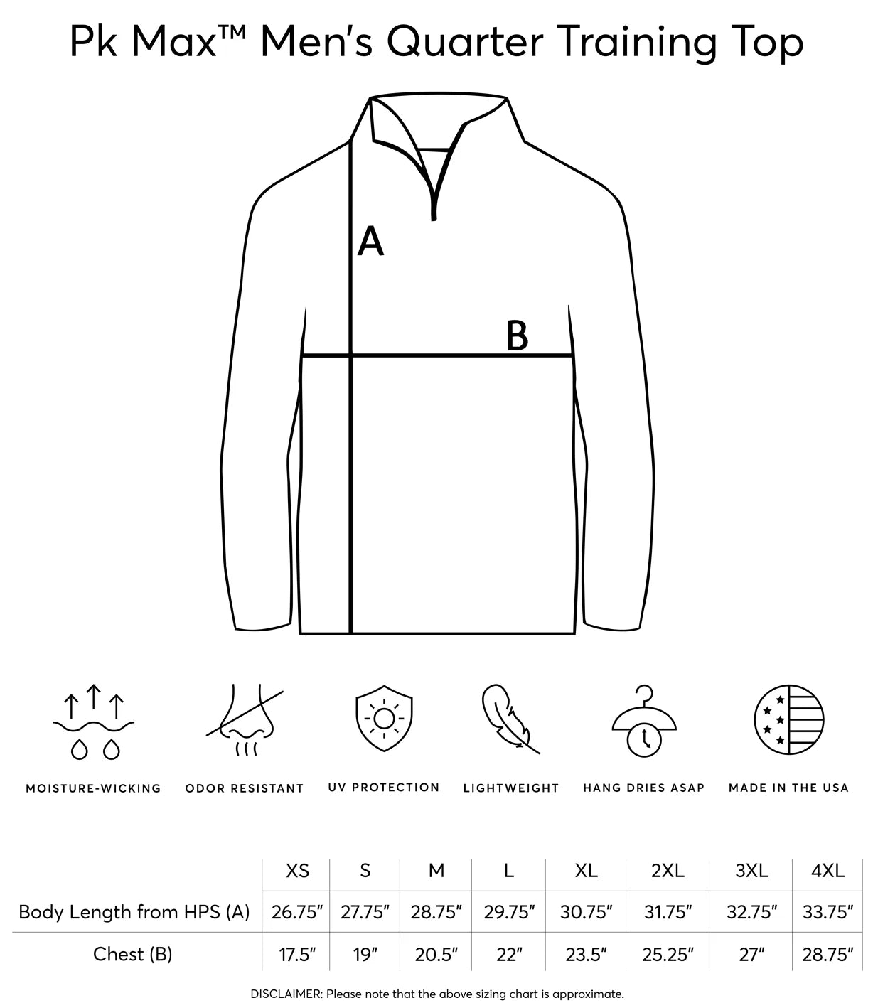Diagram of a men's quarter training top with size chart and feature icons on a white background.
