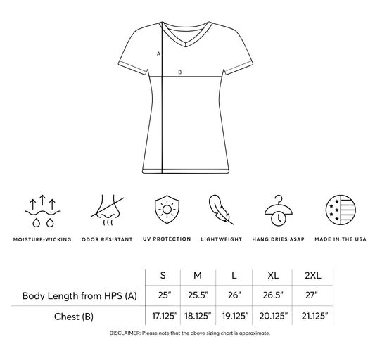 Measurement chart for a t-shirt with dimensions and features listed.