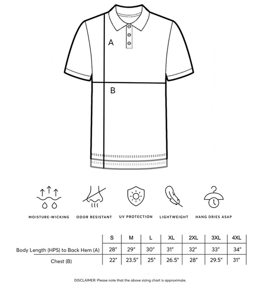 Men's Comfort Quick Dry Golf Polo size chart