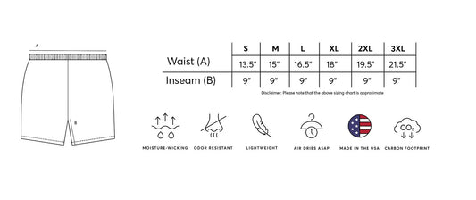 Performance Heather Shorts with Pockets size chart