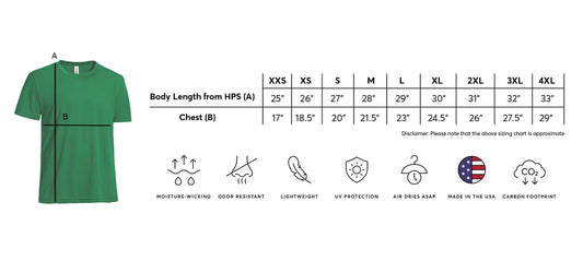 Green t-shirt with size chart and feature icons on a white background