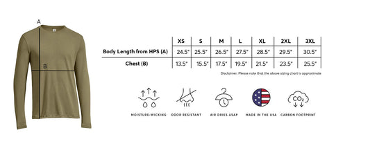 Olive green long-sleeve shirt with size chart and feature icons on a white background