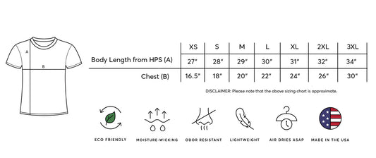 T-shirt size chart with measurements and icons indicating eco-friendly, moisture-wicking, odor-resistant, and made-in-the USA features.