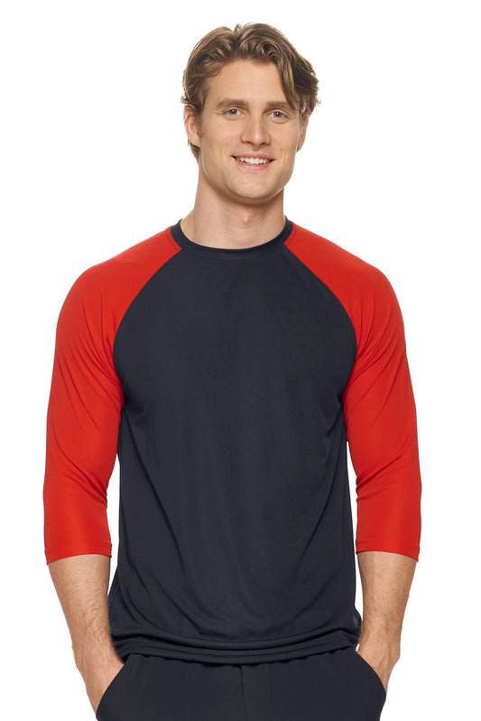 Man wearing a black and red baseball shirt on a white background