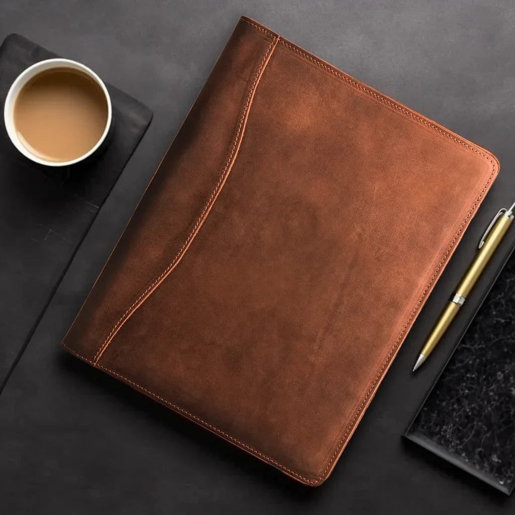 Brown leather padfolio angled view with pen and stitched border