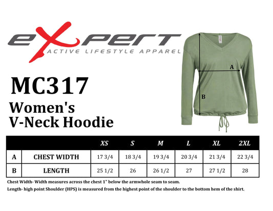 Women's Comfort Heather V-Neck Hoodie size chart