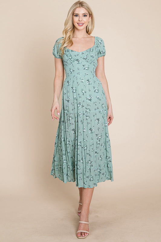 Floral Pleated Open Back Midi Dress green