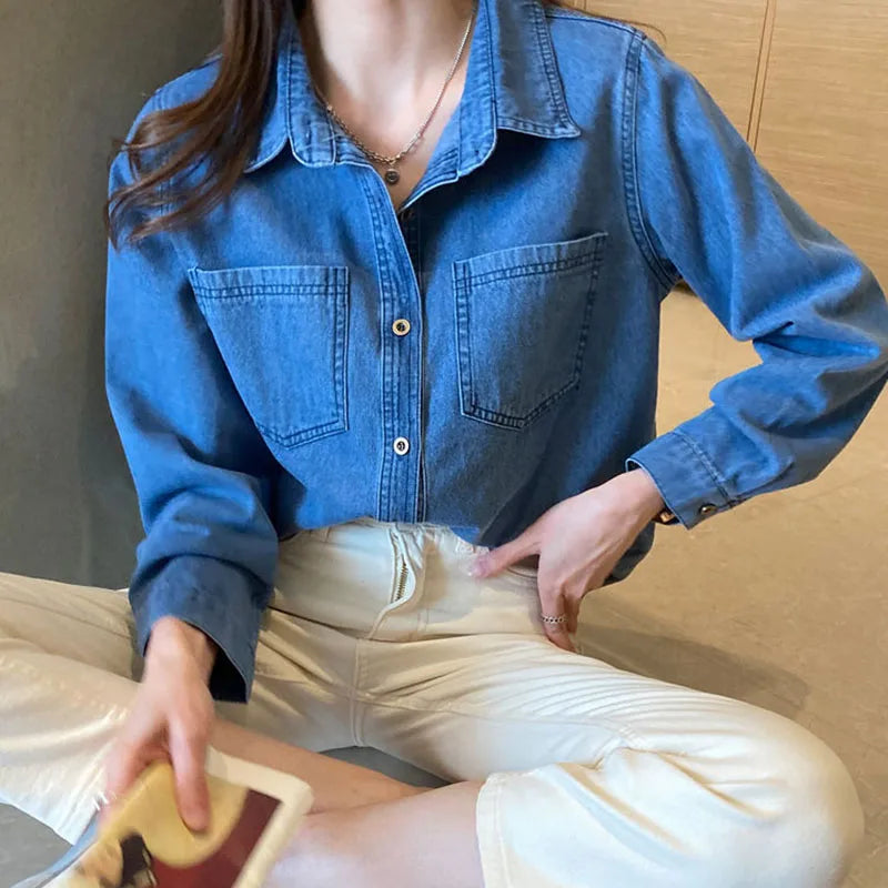 Women's Blue Long-Sleeve Loose Fit Chambray Shirt