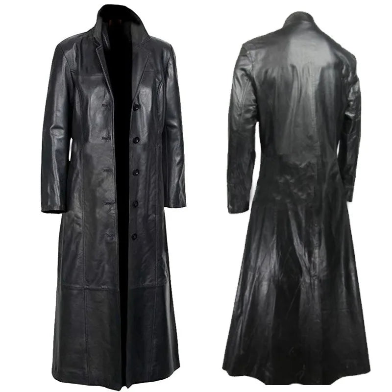 Men's Long Black Faux Leather Matrix Jacket