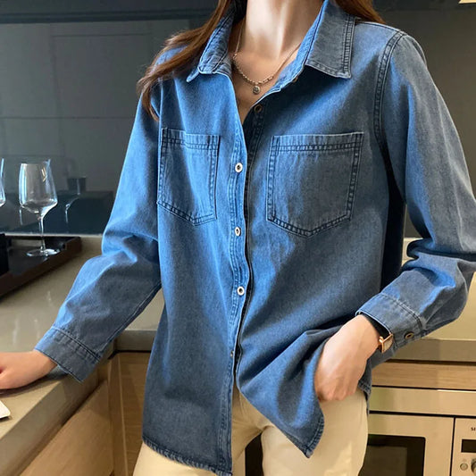 Women's Blue Long-Sleeve Loose Fit Chambray Shirt