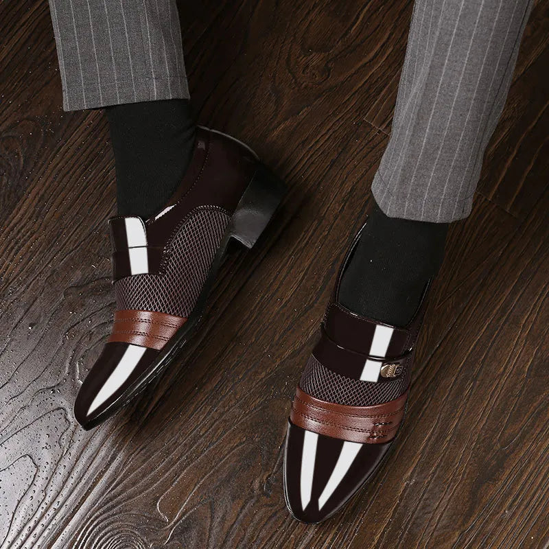 Leather Men's Slip on Dress Shoes auburn top view with dress pants