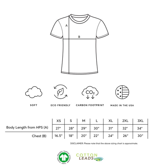 T-shirt size chart with measurements and sustainability icons on a white background
