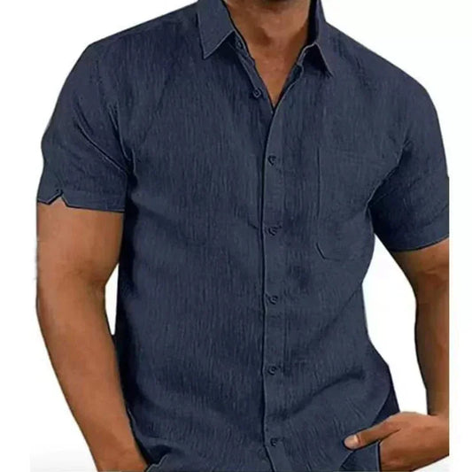 Men's Cotton and Linen Button Up Short Sleeve Shirt