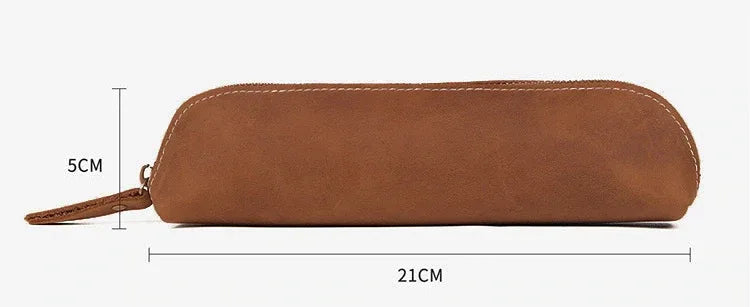 Brown leather makeup pouch, 21 cm length, 5 cm width, with zipper and pull tab