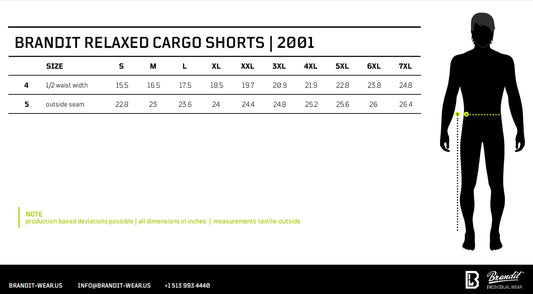 Size chart and sizing guide for Brandit Relaxed Cargo Shorts from 2001, showing a size table from S to 7XL with waist measurements, alongside a black silhouette of a person with a yellow measurement line indicating the waist area.