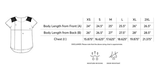Women's Lightweight Athletic and Comfort T-Shirt size chart
