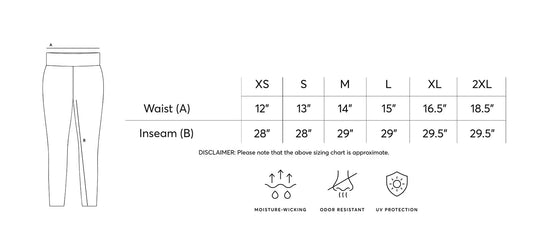 Mid-Rise Leggings with Zipper Pockets size chart