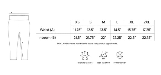 The Liftess Black Capri Leggings size chart