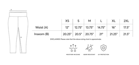 Elegant Patterned Black Capri Leggings size chart