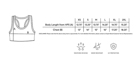 Racerback Odor Resistant Sports Bra size chart