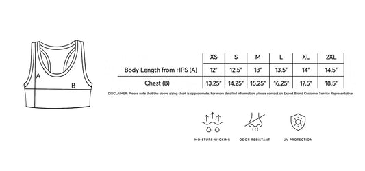 Mesh Performance Sports Bra size chart
