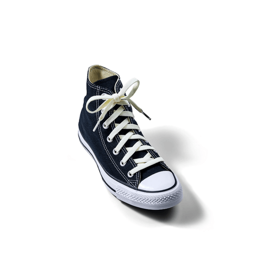 Navy high-top sneaker with white laces on a white background