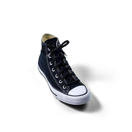 Black high-top sneaker with white sole on a white background
