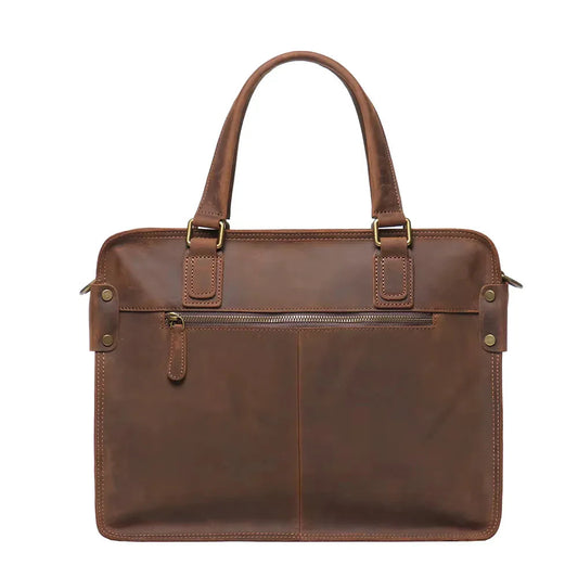 Brown genuine leather messenger bag with front pocket panel and brass-tone hardware