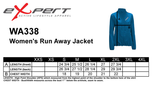Women's Rain Jacket with Headphone Port size chart