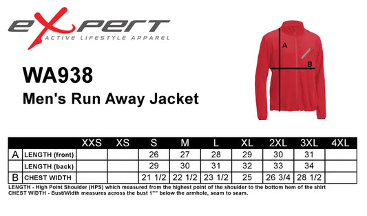 Men's Water Resistant Zip-Up Jacket with Earphone Port size chart