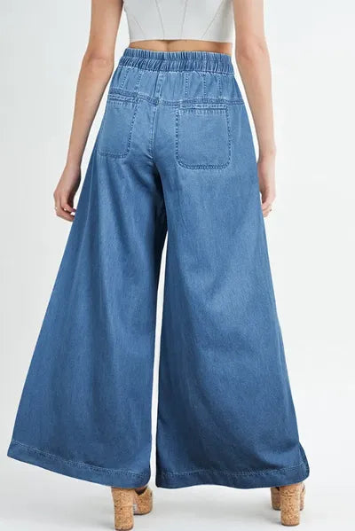 Women's Drawstring Elastic Waist Wide Leg Bell Jeans